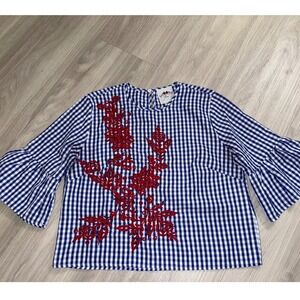 Flores Womens Blue Gingham Red Floral Embroidered Bell Sleeve Blouse Size L